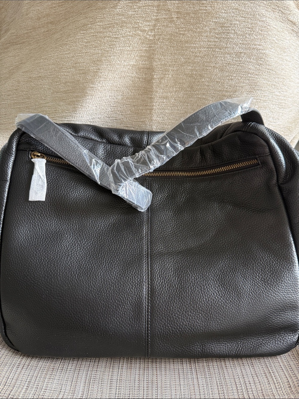 Black Pebbled Leather Shoulder Tote with Gold Zip Accent